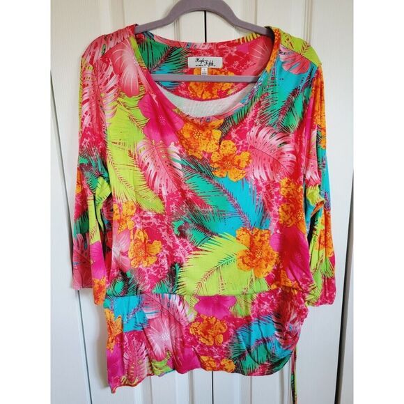 High Fifth 1X Colorful Top Tropical Print Stretch 3/4 Slv Rayon Blend Palm Frond - Picture 3 of 9